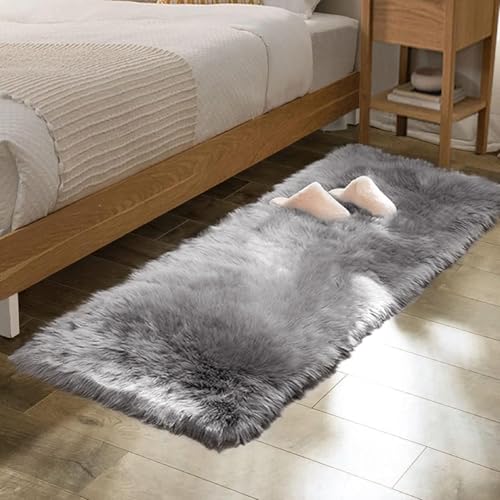 ORINOVA Bettvorleger Läufer Grau Flauschig 60x180 cm Kunstfell Teppich Schlafzimmer Fellteppich Kuschel Weich Wohnzimmer Waschbar von ORINOVA