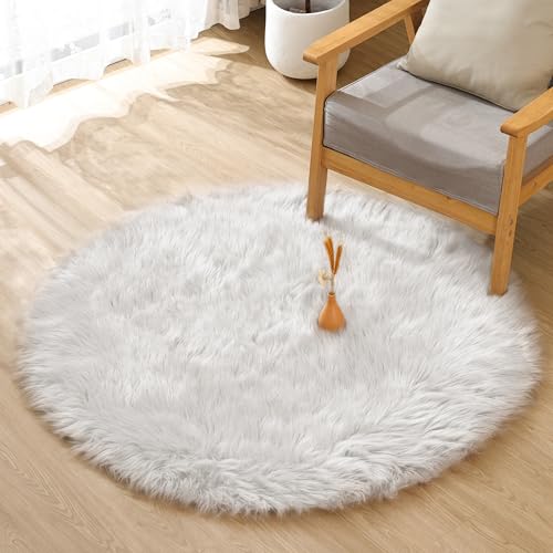 ORINOVA Runder Teppich Weiß Flauschig 120 cm Kunstfell Fellteppich Kuschelteppich Weich Schlafzimmer Waschbar Wohnzimmer Bettvorleger von ORINOVA