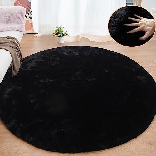 ORINOVA Teppich Rund 240 cm Schwarz Schlafzimmer Wohnzimmer Runder Kunstfell Teppich Flauschig Weich Waschbar Kurzflor Gegend Groß von ORINOVA