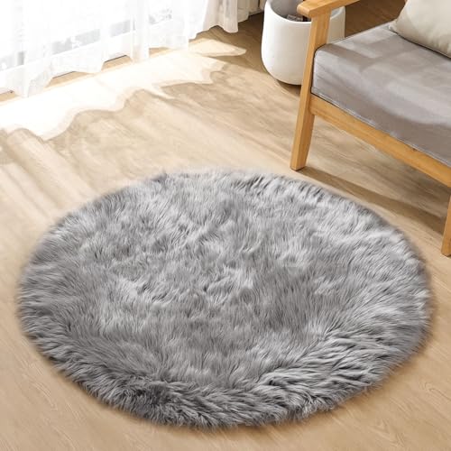 ORINOVA Teppich Rund Grau Flauschig Fellteppich 90 cm Kunstfell Teppich Kuschel Schlafzimmer Weich Hellgrau Deko Wohnzimmer Waschbar von ORINOVA