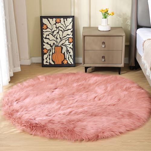 ORINOVA Teppich Rund Rosa 150 cm Flauschig Fellteppich Kunstfell Schlafzimmer Wohnzimmer Kuschelteppich Weich Bettvorleger Waschbar von ORINOVA