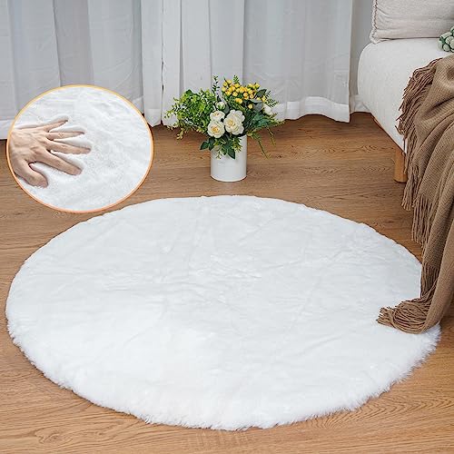 ORINOVA Teppich Rund Schlafzimmer Flauschig Waschbar Weiß 90 cm Fellteppich Kunstfell Teppich Wohnzimmer Kinderzimmer Deko Kuschelig von ORINOVA