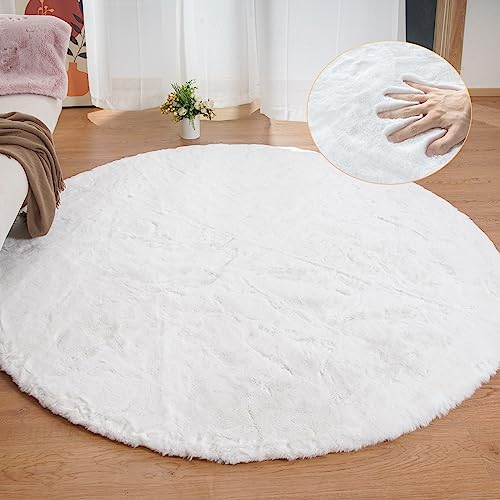 ORINOVA Teppich Rund Weiß 240 cm Flauschig Schlafzimmer Wohnzimmer Runder Kunstfell Teppich Weich Waschbar Gegend Kurzflor Fellteppich Groß von ORINOVA