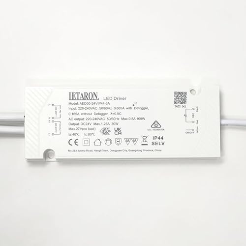 LETARON LED Driver Treiber AED30-24VIP44-3A Power Supply Trafo Transformator SELV 27V 50/60Hz 30W 1.25A mit Kabel weiß von ORION LIGHTSTYLE