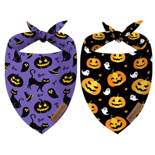 ORITASY Halloween-Hundehalstücher für alle Hunde (Dreieck, wendbar, 2er-Pack) (Kürbis-Katzen-Boo), Premium-Stoff, Urlaubstuch, Violett, Größe XL von ORITASY