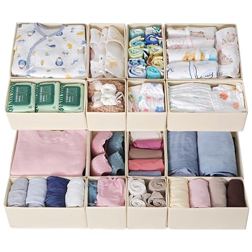 ORLISA 16er Set Schubladen Organizer kompatibel mit HEMNES Kommode andere Schubladensysteme, Faltbare Aufbewahrungsboxen für Kleidung, Modular einsetzbar für Kleiderschrank Wickelkommode, Beige von ORLISA