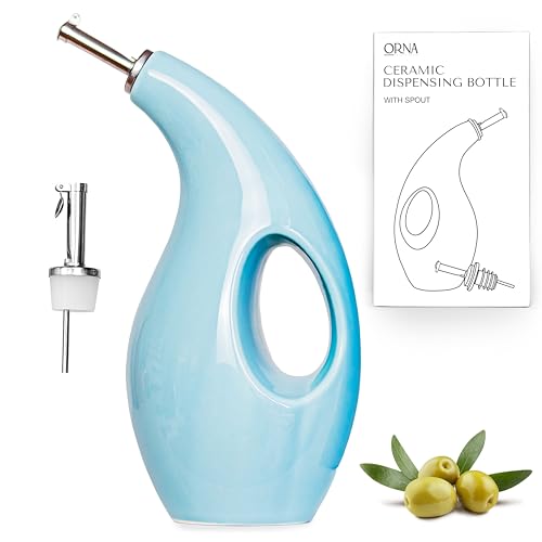 ORNA Ölspenderflasche aus Keramik mit 2 Ausgießern – 700 ml Menage Flasche mit Edelstahl-Ausgießern für Olivenöl, Essig, Sirup – Türkis von ORNA THE SOUL OF YOUR HOME