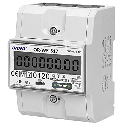ORNO OR-WE-517 Multitarif Zweiwege Stromzähler Hutschiene 3-Phasen-Anzeige des Stromverbrauchs mit MID Zertifikat, Modbus Kommunikationsprotokoll, 0,25A - 80A, 3 x 230V/400V, 50/60Hz,1000 imp/kWh von Orno