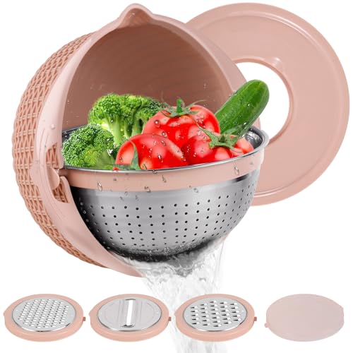 4-1 Edelstahl Seiher und Schüsselset 31x14cm Küchensieb Edelstahl mit Deckel und Reibe Spülmaschinenfest Drehbar Colander with Mixing Bowl Set für Pasta Beere Gemüse Obst Nudeln Salate (Rosa) von OROMYO