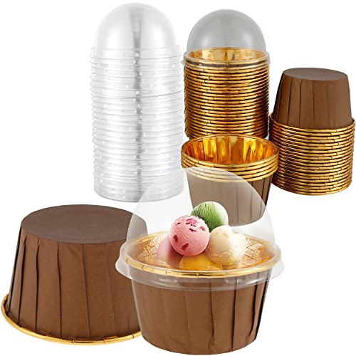 OROMYO 50 Stück Cupcake Formen Papier 5cm Aluminium Folie Cupcake Backbecher mit Deckel Einweg Muffinform Papier Ölbeständig Cupcake Backförmchen für Urlaubspartys Hochzeiten Bäckereien (Kaffeefarbe) von OROMYO