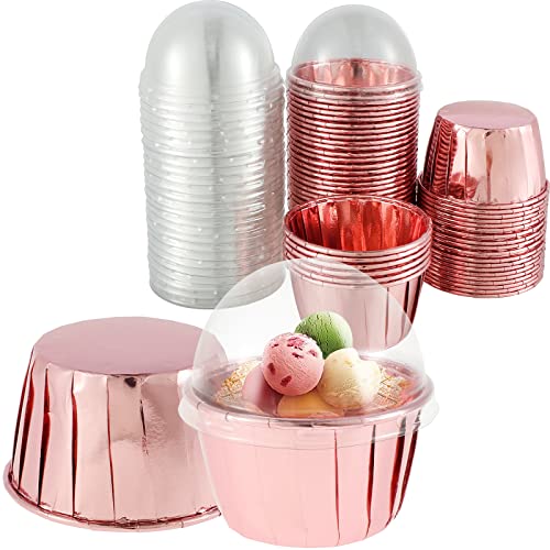 50 Stück Cupcake Formen Papier 5cm Aluminium Folie Cupcake Backbecher mit Deckel Einweg Muffinform Papier Ölbeständig Cupcake Backförmchen für Urlaubspartys Hochzeiten Bäckereien (Roségold) von OROMYO