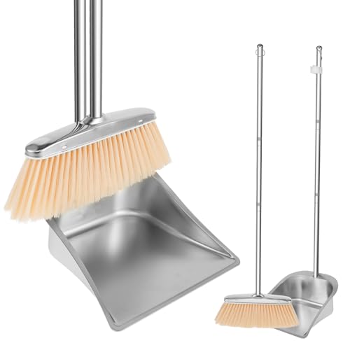 Besen und Kehrschaufel Set mit Langem Stiel 118cm Edelstahl Kehrmaschine und Kehrschaufel Außenbereich Aufrechter Schaufel und Besen Set für die Reinigung zu Hause Büro Veranda Terrasse (Quadrat) von OROMYO