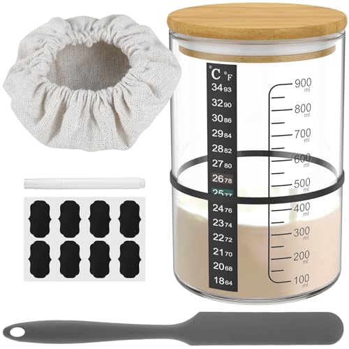 8PCS Sauerteig-Starterglas-Set 900 ml Sourdough Starter Jar Kit mit Holzdeckel, Gummiband, Thermometerpapier, Schaber, Stoffhut, Etikett und Stift Sauerteig Glas zum Backen von Sauerteigbrot (D) von OROMYO