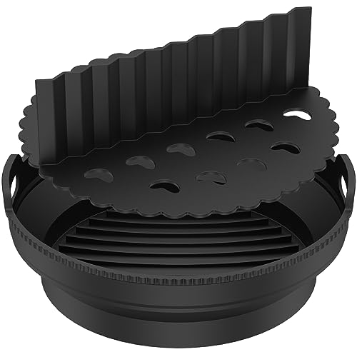 Silikonform für Heißluftfritteuse 21,5 x 7cm Rund Air Fryer Silicone Pot mit Trennwand Wiederverwendbar Faltbar Heißluftfritteuse Silikon Backblech fur Heißluftfritteuse Backofen Mikrowelle (Schwarz) von OROMYO