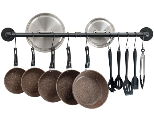 OROPY küchenregal - 97cm Industrieller Stil Wandmontage Hängeleisten für Töpfe Küche Utensilien Gestell Küchenreling Küchenablage und Pfannenhalter, Herdablage Mit 14 Haken von OROPY