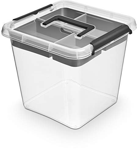 ORPLAST 3 Stück- MOXOM SimpleStore Box - 13 Liter - mit Griff, Clips und Einsatz - 29 x 29 x 26 cm - transparent/grau von ORPLAST