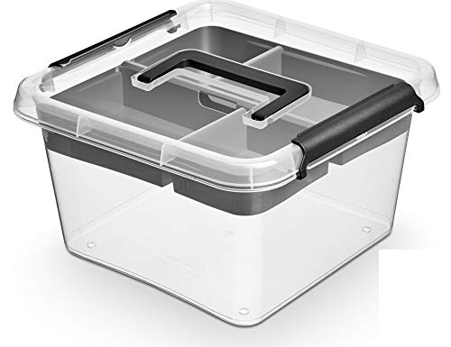 ORPLAST 3 Stück- MOXOM SimpleStore Box - 9 Liter - mit Griff, Clips und Einsatz - 29 x 29 x 16,5 cm - transparent/grau von ORPLAST