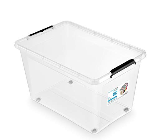 ORPLAST 3 Stück- MOXOM Rollerbox 60 Liter mit Deckel/Clips/Rädern - 58 x 39 x 35 cm - transparent von ORPLAST