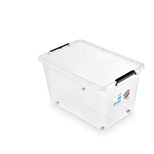 ORPLAST 6 Stück- MOXOM Rollerbox 60 Liter mit Deckel/Clips/Rädern - 58 x 39 x 35 cm - transparent von ORPLAST