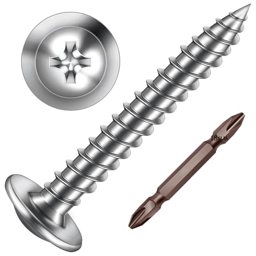 ORTAVA Blechschrauben M4 x 18 mm, 50 Stück Holzschrauben Edelstahl A2 V2A Flachkopf mit Scheibe Kreuzschlitz mit Bohrer, Selbstschneidende Schrauben Silber Oxid, Tellerkopfschrauben Vollgewinde von ORTAVA