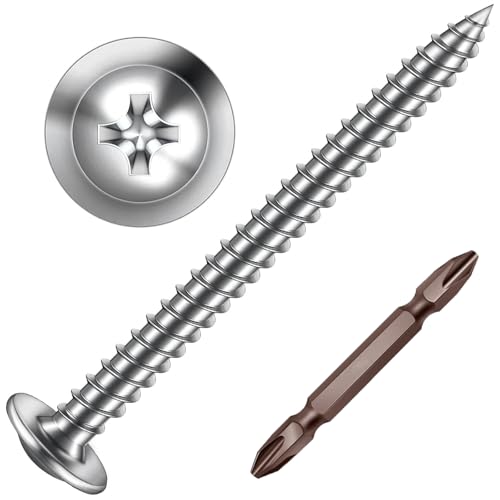 ORTAVA Blechschrauben M4 x 25 mm, 50 Stück Holzschrauben Edelstahl A2 V2A Flachkopf mit Scheibe Kreuzschlitz mit Bohrer, Selbstschneidende Schrauben Silber Oxid, Tellerkopfschrauben Vollgewinde von ORTAVA