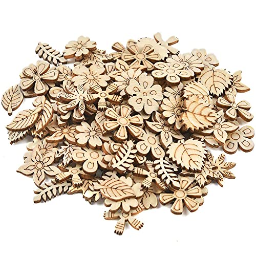 100 Stücke Holzblume und Blatt, Holz Basteln Verzierungen, Verschiedene Größen Formen DIY Holz Blumen, für Hochzeitsdekorationen, Christbaumschmuck, Personalisierte Projekte usw(Mischmuster) von YUMUN