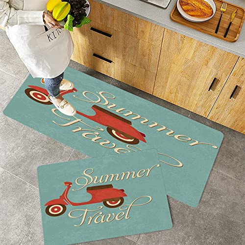 Küchenteppich Teppich Läufer Küchenläufer 2 Stück rutschfest,1960er Jahre Dekorationen, Sommer Reisen Roller Urlaub Vespa Classic Wheels Rock Cool Cycl, Waschbar für Flur Küche 40 x 100 cm+40 x 60 cm von ORTHODRYL
