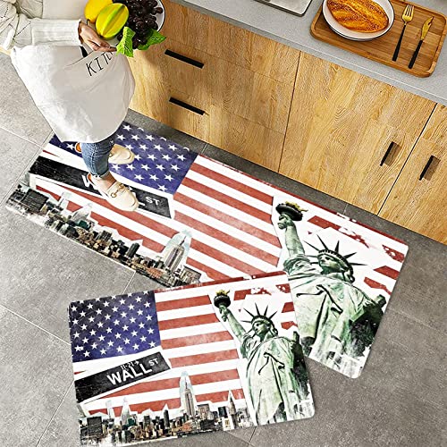 Küchenteppich Teppich Läufer Küchenläufer 2 Stück rutschfest,Amerikanische Flagge Dekor, NYC Collage mit berühmten Denkmälern Wall Street und Manhattan, Waschbar für Flur Küche 40 x 100 cm+40 x 60 cm von ORTHODRYL