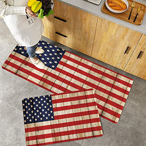 Küchenteppich Teppich Läufer Küchenläufer 2 Stück rutschfest,Amerikanische Flagge USA, Unabhängigkeitstag-Konzept und beschädigter Bretterzaun mit USA-, Waschbar für Flur Küche 40 x 100 cm+40 x 60 cm von ORTHODRYL