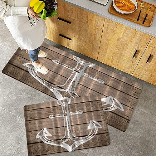 Küchenteppich Teppich Läufer Küchenläufer 2 Stück rutschfest,Anchor Nautical Handzeichnung Boating Sketch Taupe Rustikale Holzbohlen Coastal Home Buoy , Waschbar für Flur Küche 40 x 100 cm+40 x 60 cm von ORTHODRYL