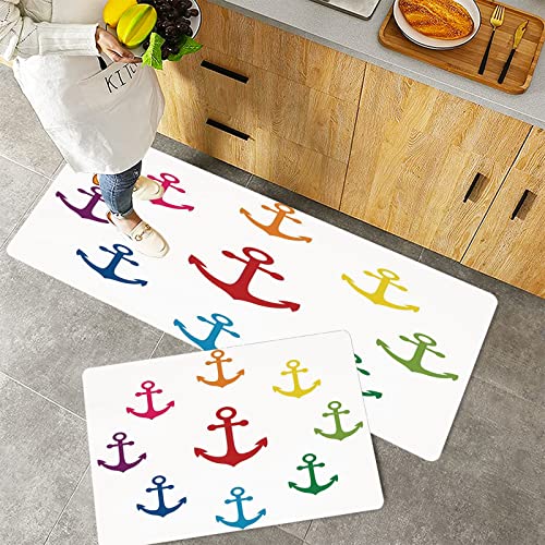 Küchenteppich Teppich Läufer Küchenläufer 2 Stück rutschfest,Anker, bunte Symbole im kreisförmigen Design nautische Maritime Thema Marine Segelboot Aus, Waschbar für Flur Küche 40 x 100 cm+40 x 60 cm von ORTHODRYL
