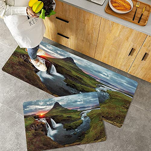 Küchenteppich Teppich Läufer Küchenläufer 2 Stück rutschfest,Apartment Set, Wasserfalllandschaft in Island Sonnenuntergang Berg Vulkangebiet Natürliche, Waschbar für Flur Küche 40 x 100 cm+40 x 60 cm von ORTHODRYL