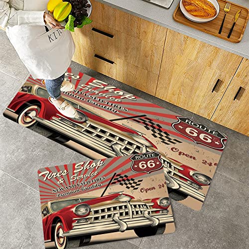 Küchenteppich Teppich Läufer Küchenläufer 2 Stück rutschfest,Autos, Reifen Shop und Service Route 66 Emblem Werbung Retro Style Poster Print, rot grau , Waschbar für Flur Küche 40 x 100 cm+40 x 60 cm von ORTHODRYL