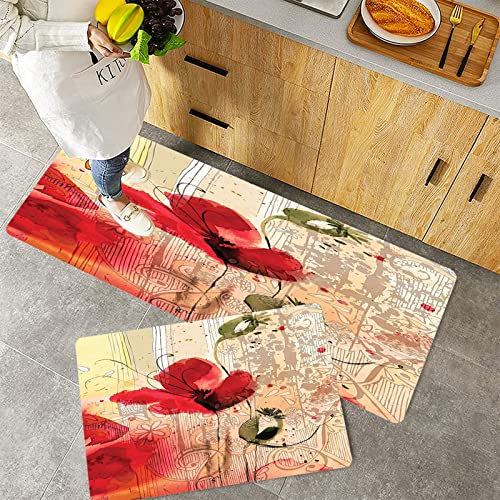Küchenteppich Teppich Läufer Küchenläufer 2 Stück rutschfest,Blume, rote Mohnblume Beige Blumen Aquarell Design Digital Art Print Frühling Pflanzen, sc, Waschbar für Flur Küche 40 x 100 cm+40 x 60 cm von ORTHODRYL