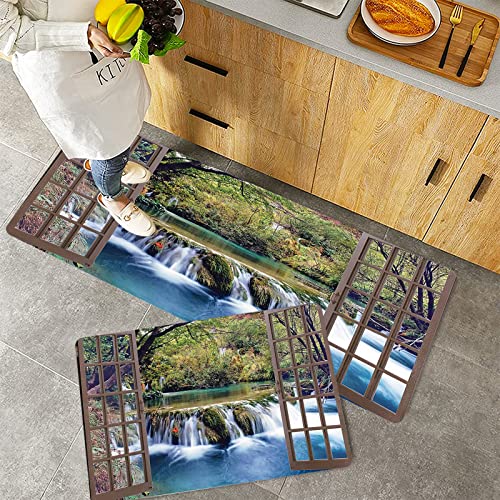 Küchenteppich Teppich Läufer Küchenläufer 2 Stück rutschfest,Breiter Wasserfall tief unten im Wald gesehen von einem Stadtfenster-epischen surrealen at, Waschbar für Flur Küche 40 x 100 cm+40 x 60 cm von ORTHODRYL