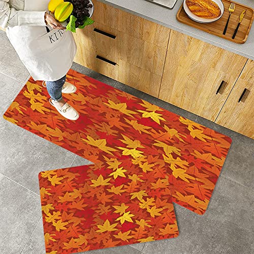 Küchenteppich Teppich Läufer Küchenläufer 2 Stück rutschfest,Burnt Orange Set, mehrfarbige Herbst-Ahornblätter in ungewöhnlichen Designs Natur Thema Ku, Waschbar für Flur Küche 40 x 100 cm+40 x 60 cm von ORTHODRYL