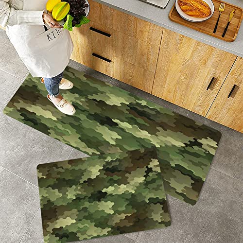 Küchenteppich Teppich Läufer Küchenläufer 2 Stück rutschfest,Camouflage, Sechseckige Zusammenfassung mit Milchglaseffekt als unsichtbare Waldarmee, Grü, Waschbar für Flur Küche 40 x 100 cm+40 x 60 cm von ORTHODRYL