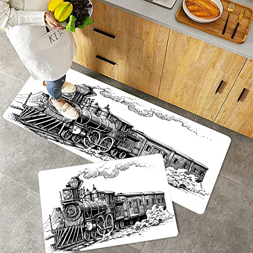 Küchenteppich Teppich Läufer Küchenläufer 2 Stück rutschfest,Dampfmaschine, rustikaler alter Zug in der Land-Lokomotivholzwagen-Eisenbahn mit Rauche, S, Waschbar für Flur Küche 40 x 100 cm+40 x 60 cm von ORTHODRYL