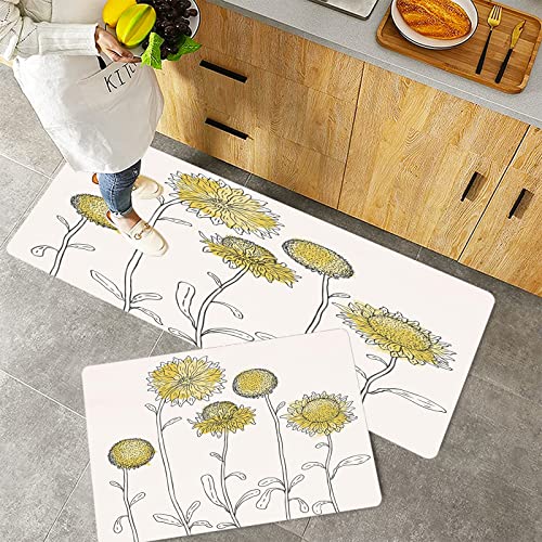 Küchenteppich Teppich Läufer Küchenläufer 2 Stück rutschfest,Gelbe Blume, handgezeichnete Stil Sonnenblumen auf Zweigen Blütenblätter Wachstum Botanik , Waschbar für Flur Küche 40 x 100 cm+40 x 60 cm von ORTHODRYL