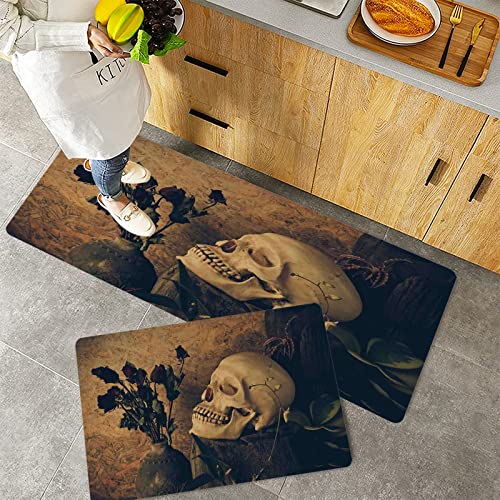 Küchenteppich Teppich Läufer Küchenläufer 2 Stück rutschfest,Gothic, menschlicher Schädel mit toten getrockneten Rosen in der Vase Grunge Style Bourgeo, Waschbar für Flur Küche 40 x 100 cm+40 x 60 cm von ORTHODRYL