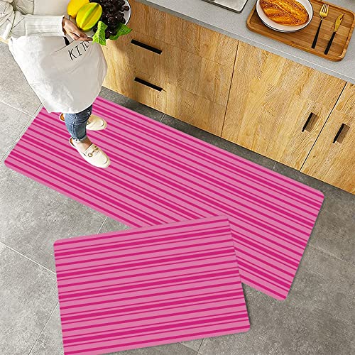 Küchenteppich Teppich Läufer Küchenläufer 2 Stück rutschfest,Hot Pink, Horizontal Fett und dünne Streifen in Pink Tönen Geometrische klassische Komposi, Waschbar für Flur Küche 40 x 100 cm+40 x 60 cm von ORTHODRYL