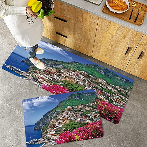 Küchenteppich Teppich Läufer Küchenläufer 2 Stück rutschfest,Italien, malerische Aussicht auf Positano Amalfi Neapel blühenden Blumen Coastal Village B, Waschbar für Flur Küche 40 x 100 cm+40 x 60 cm von ORTHODRYL