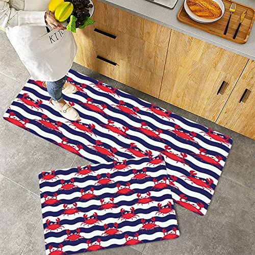 Küchenteppich Teppich Läufer Küchenläufer 2 Stück rutschfest,Krabben, Nautical Maritime Theme Niedliche Krabben auf gestreiftem Hintergrund Illustratio, Waschbar für Flur Küche 40 x 100 cm+40 x 60 cm von ORTHODRYL