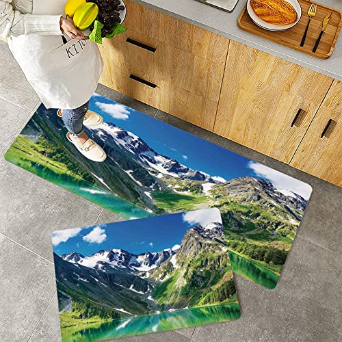Küchenteppich Teppich Läufer Küchenläufer 2 Stück rutschfest,Landschaft, majestätischer See im Altai-Gebirge, schneebedeckte Gipfel, bewaldete Röcke, H, Waschbar für Flur Küche 40 x 100 cm+40 x 60 cm von ORTHODRYL