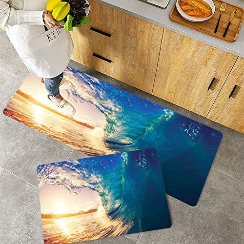 Küchenteppich Teppich Läufer Küchenläufer 2 Stück rutschfest,Ocean, Ocean Wave bei Sonnenaufgang Reflection on Surface Tropische Bäume Shoreline Sommer, Waschbar für Flur Küche 40 x 100 cm+40 x 60 cm von ORTHODRYL