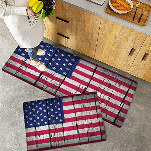 Küchenteppich Teppich Läufer Küchenläufer 2 Stück rutschfest,Rustikales Dekor Amerikanische USA-Flagge, Unabhängigkeitstag am 4. Juli Grunge-Kunst im A, Waschbar für Flur Küche 40 x 100 cm+40 x 60 cm von ORTHODRYL