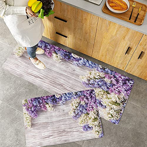 Küchenteppich Teppich Läufer Küchenläufer 2 Stück rutschfest,Rustikales Haus, lila Blumen Bouquet auf Holztisch Frühling Natur Romantik Liebesthema, Mu, Waschbar für Flur Küche 40 x 100 cm+40 x 60 cm von ORTHODRYL