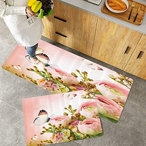 Küchenteppich Teppich Läufer Küchenläufer 2 Stück rutschfest,Schmetterling, pastellfarbene blühende Rosen mit Insekten der Frühlingssaison romantisch w, Waschbar für Flur Küche 40 x 100 cm+40 x 60 cm von ORTHODRYL