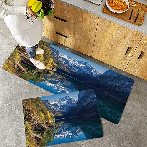 Küchenteppich Teppich Läufer Küchenläufer 2 Stück rutschfest,See Dekor, Dachstein Berg spiegelt sich im kristallklaren See im Herbst Salzkammergut Öste, Waschbar für Flur Küche 40 x 100 cm+40 x 60 cm von ORTHODRYL