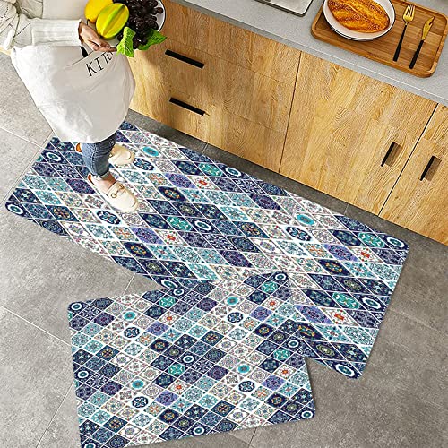 Küchenteppich Teppich Läufer Küchenläufer 2 Stück rutschfest,Traditionelle, portugiesische historische gemischte Azulejo-Mosaikfliesen mit marokkanisch, Waschbar für Flur Küche 40 x 100 cm+40 x 60 cm von ORTHODRYL